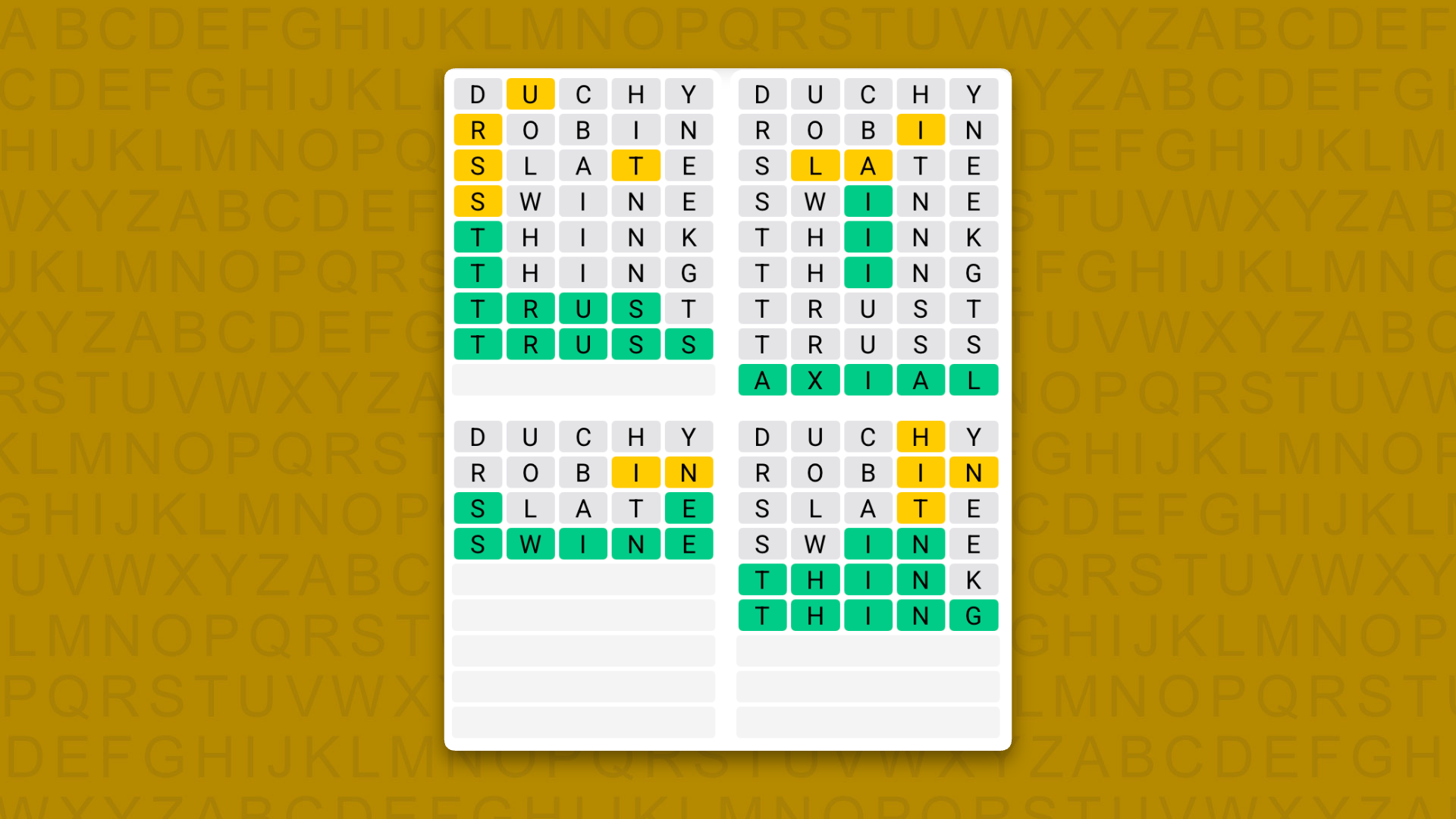 Quordle answers for game 1639 on a yellow background