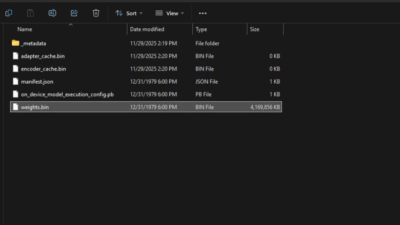 A screenshot showing the weights.bin file for Gemini Nano on a Windows PC