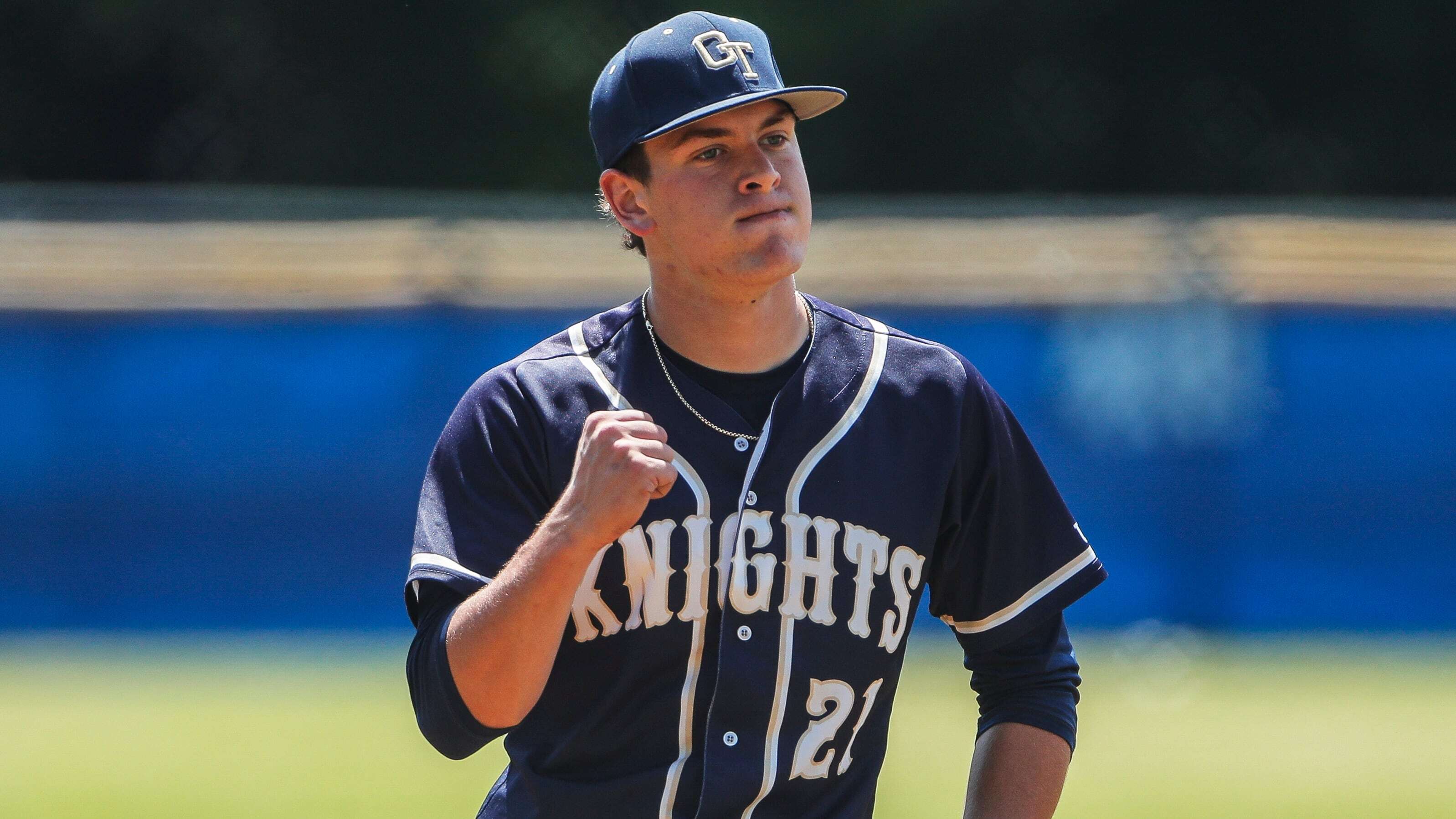 Alex Kranzler (21) of Old Tappan reacts after getting an out in the first inning during the Bergen County Tournament baseball semifinal betweenNo. 6 Bergen Catholic and Old Tappan at Northern Valley Demarest High School in Demarest, NJ on Saturday, May 27, 2023.