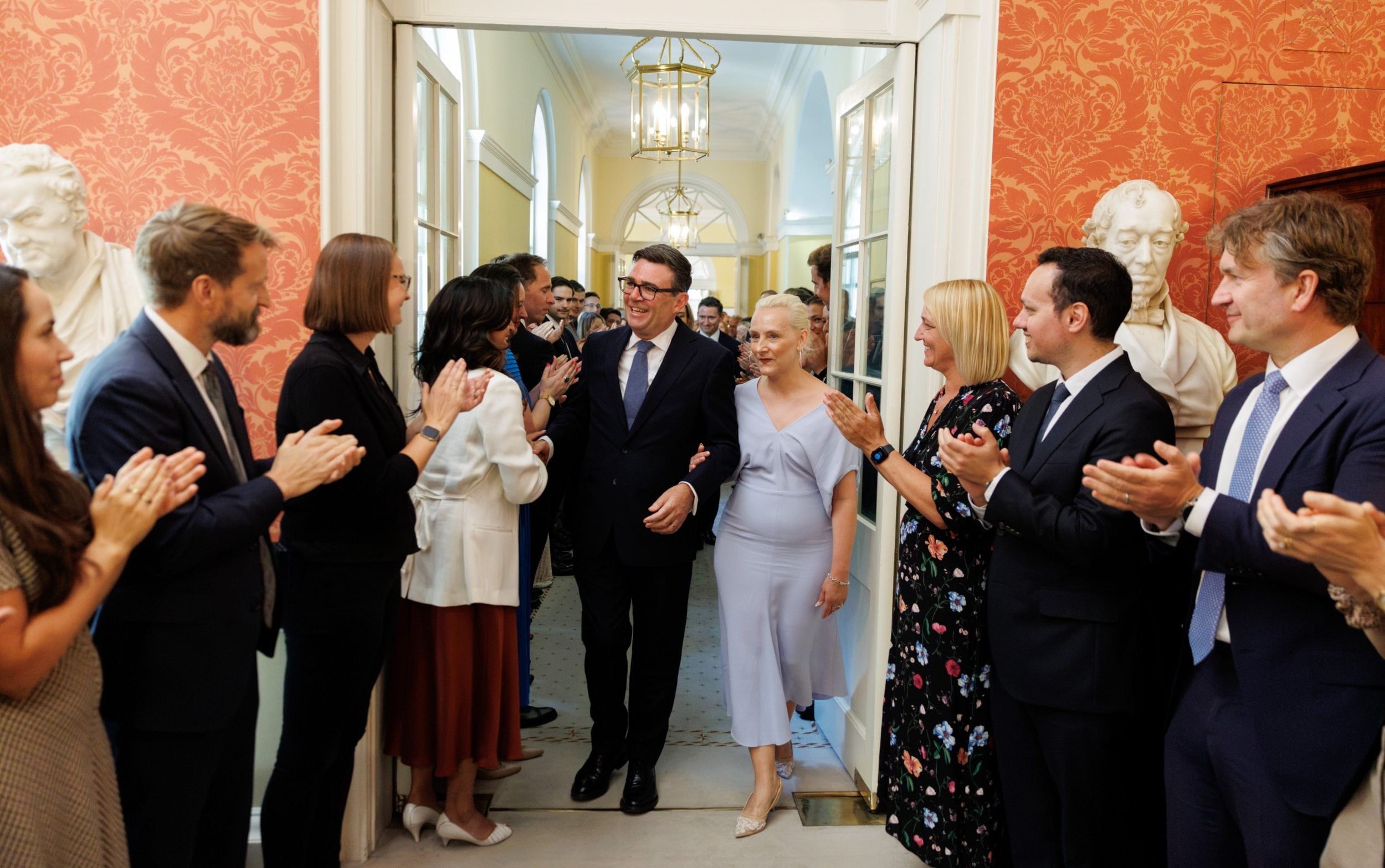 Andy Burnham and Marie-France van Heel, his wife, entering No 10 earlier on Monday