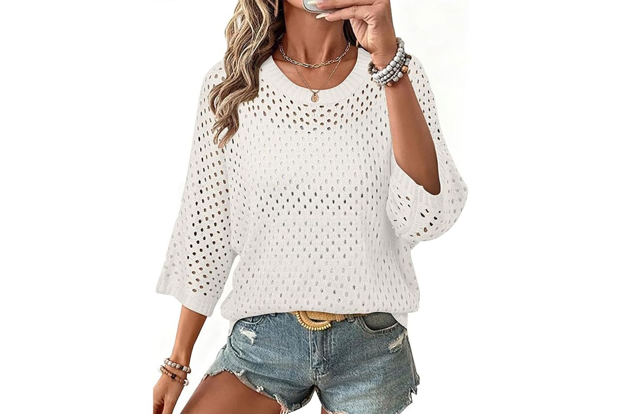 SHEWIN Womens Sweaters Crew Neck 3/4 Length Sleeve Crochet Tops Knit Beach Cover Ups Spring Outfits for Women