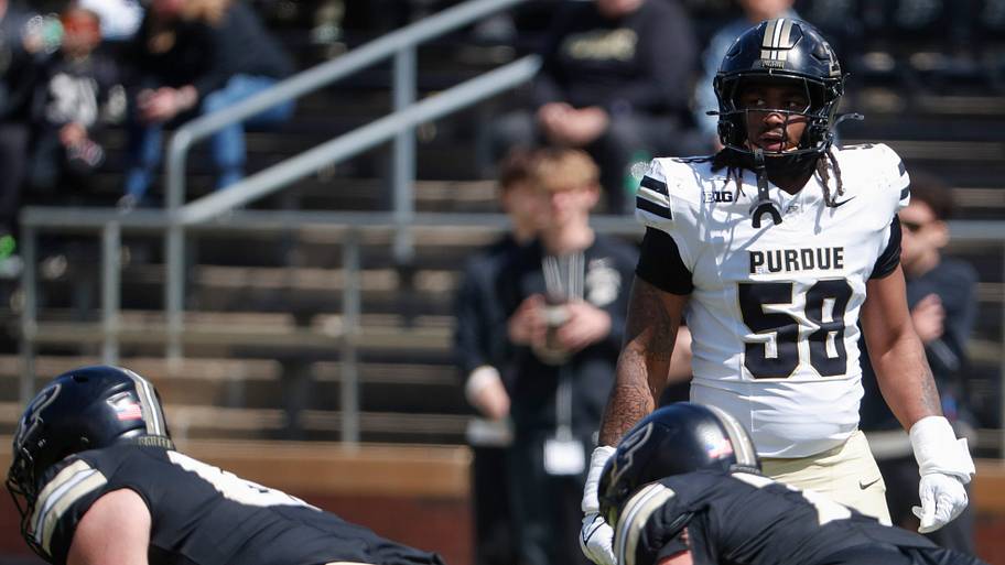 Purdue Boilermakers defensive end Breeon Ishmail (58) lines up for a drill.