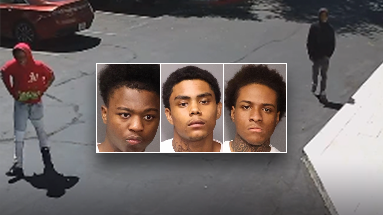 Surveillance image showing three suspects outside a Sacramento-area jewelry store alongside their booking photos after their arrests.
