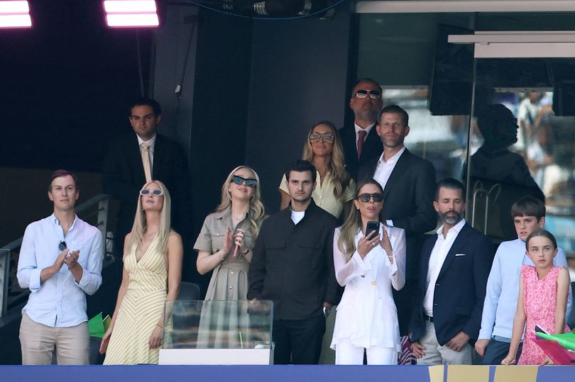 Jared Kushner, Ivanka Trump, Tiffany Trump, Michael Boulos, Bettina Anderson, Donald Trump Jr., Eric Trump and Lara Trump attend the 2026 World Cup Final