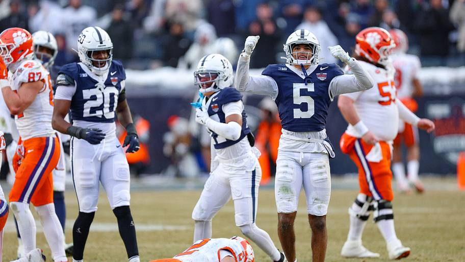 Penn State Nittany Lions cornerback Daryus Dixson (5) celebrates after a stop vs. Clemson Tigers quarterback Cade Klubnik.