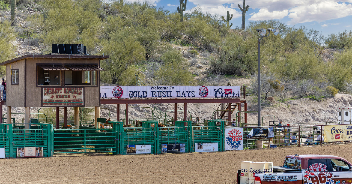 The Everett Bowman Rodeo Arena welcomes visitors for Gold Rush Days rodeo events in Wickenburg, Arizona, surrounded by desert scenery.