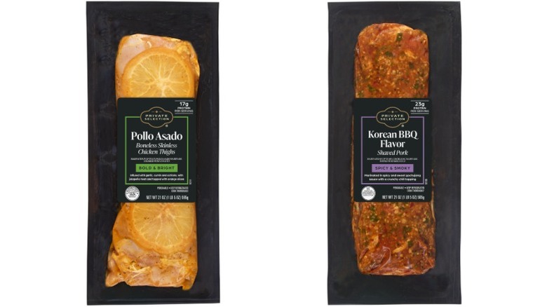 packages of Private Selection marinated polo asado and Korean BBQ pork