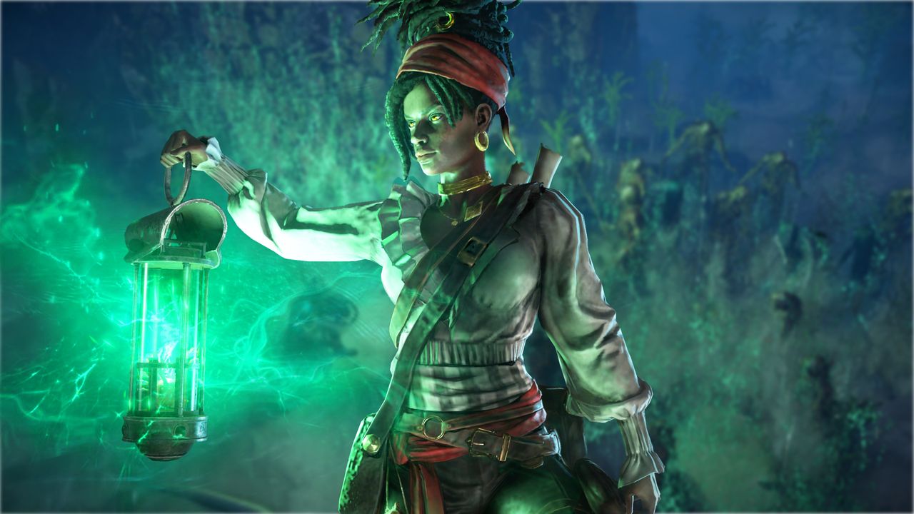 A composite image of a Path of Exile Curse of the Allflame screenshot with a key art of a new character holding a glowing green lantern on top.