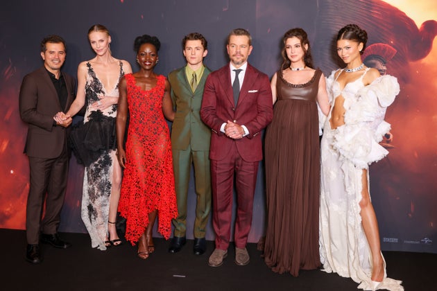 Cast of “The Odyssey” at the Paris premiere on July 8: (L-R) John Leguizamo, Charlize Theron, Lupita Nyong’o, Tom Holland, Matt Damon, Anne Hathaway and Zendaya.
