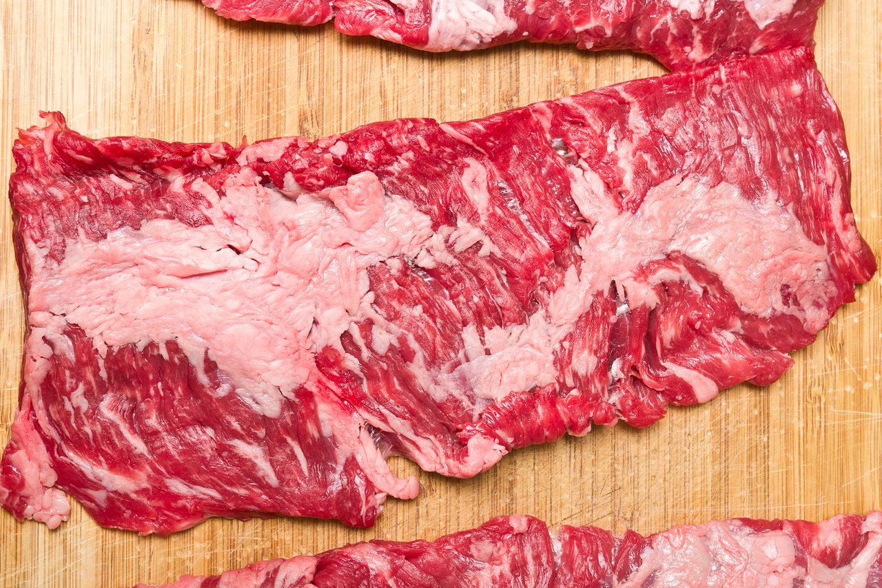 Raw steak cuts on a wooden surface
