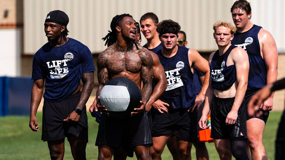 Penn State Nittany Lions cornerback Audavion Collins prepares to compete in a medicine ball toss during the Lift For Life.
