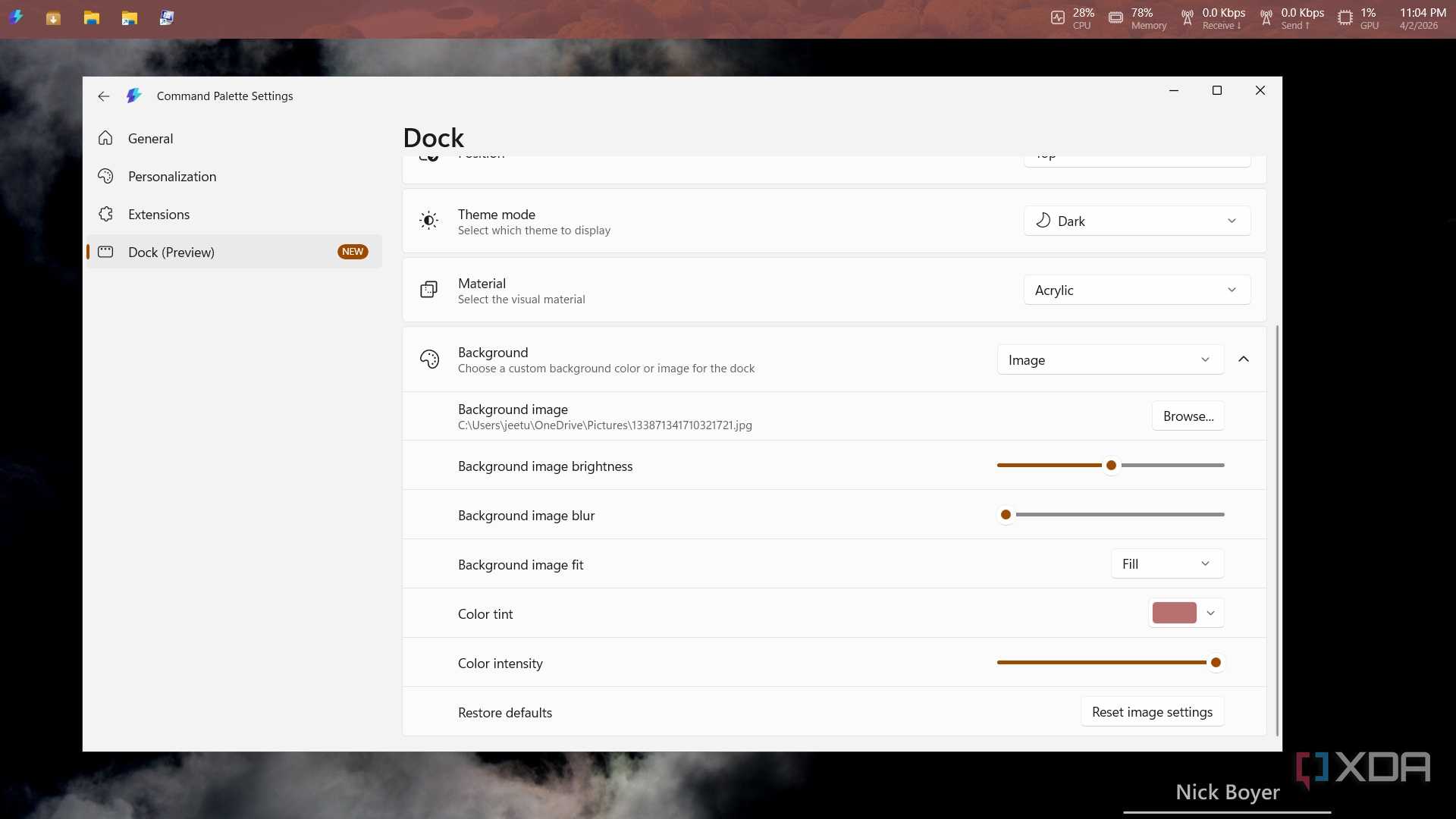 screenshot of command palette dock background customization