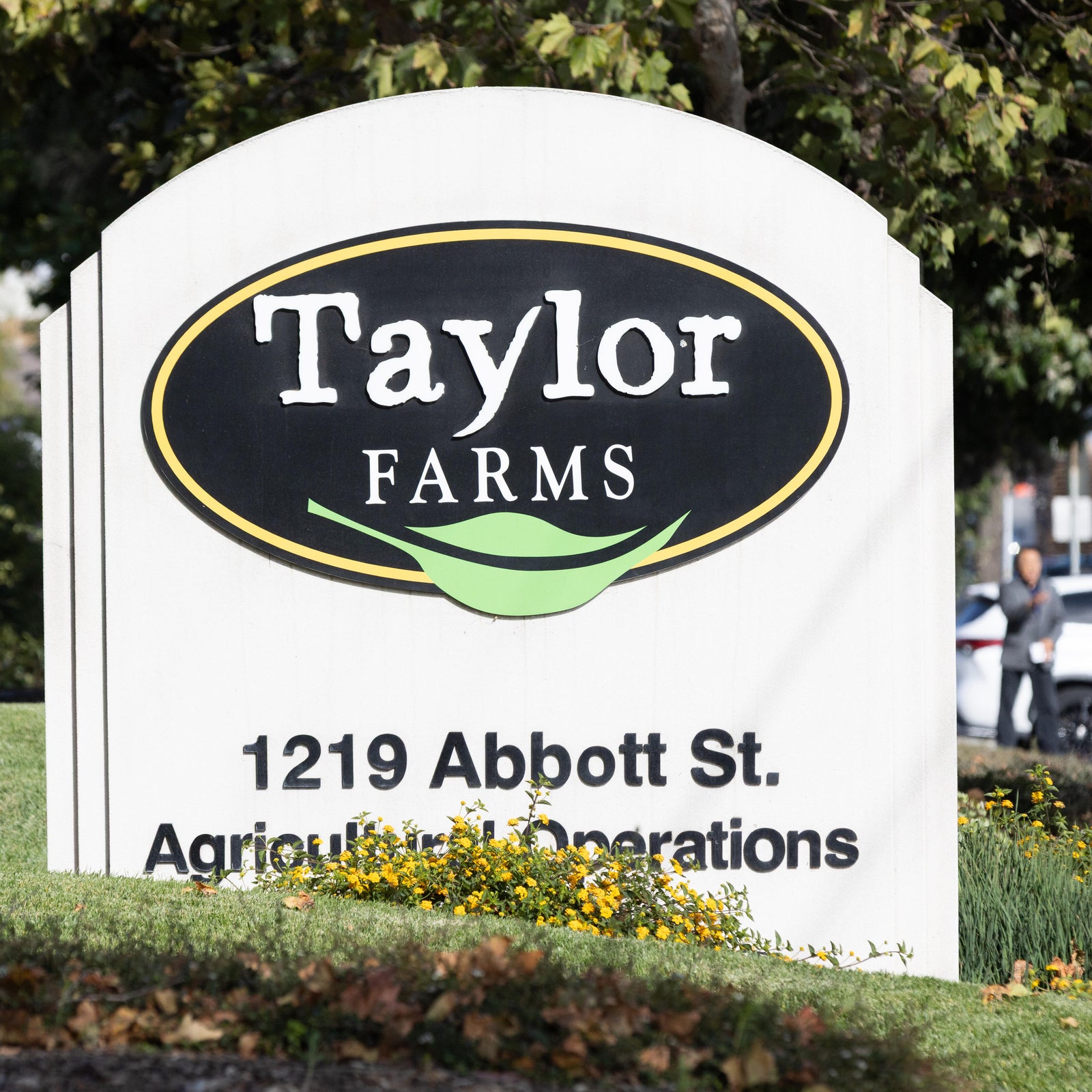 SALINAS, CALIFORNIA - JULY 17: A Taylor Farms sign is displayed at one of their facilities on July 17, 2026 in Salinas, California. Taylor Farms, a global fresh produce supplier, is allegedly connected to the recent cyclosporiasis outbreak.