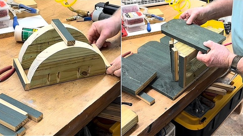 Split image of a person building an arch of wood and a person wrapping a hose around a DIY hose organizer made out of fence slats