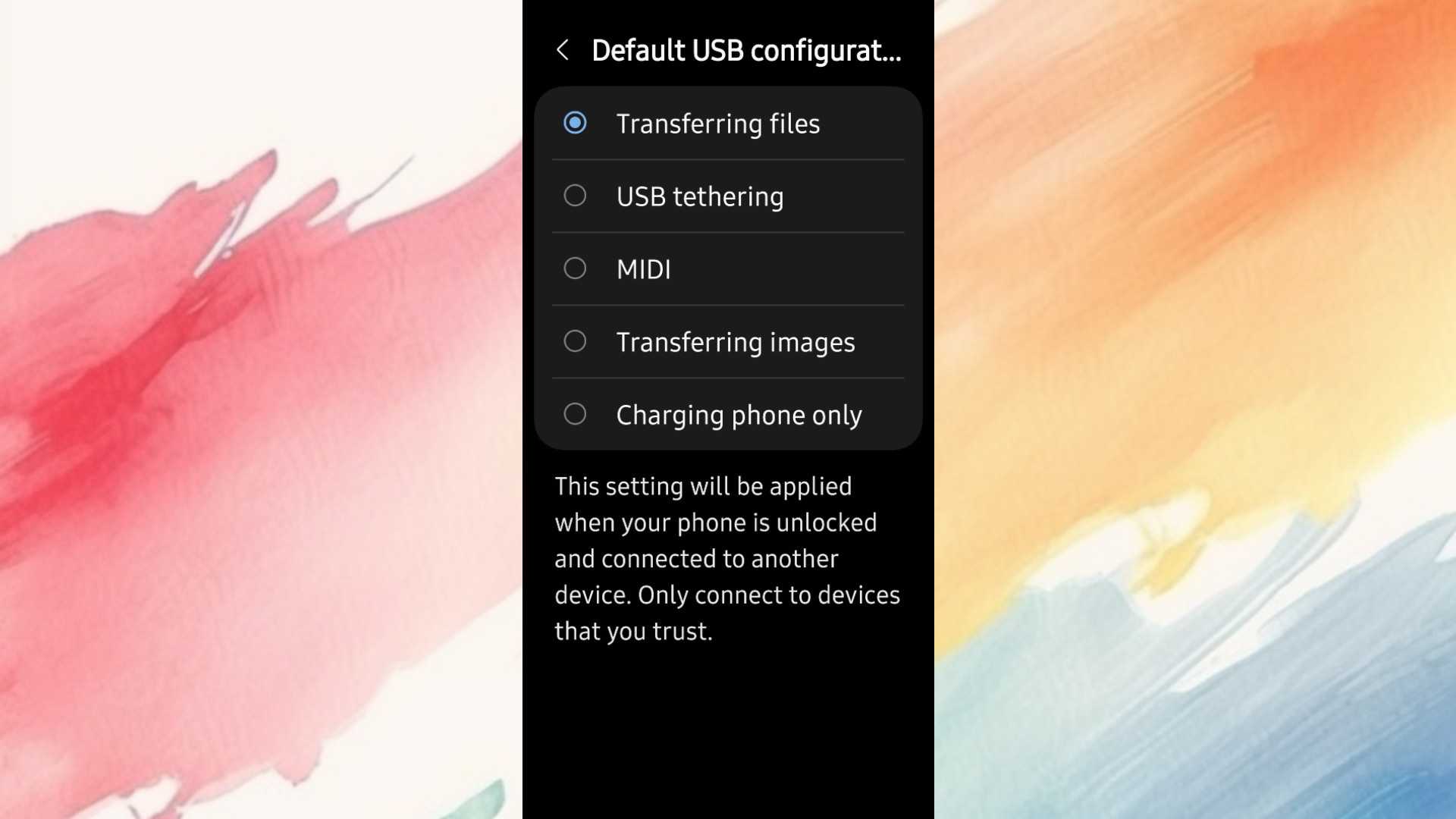 USB default configuration showing transfer files