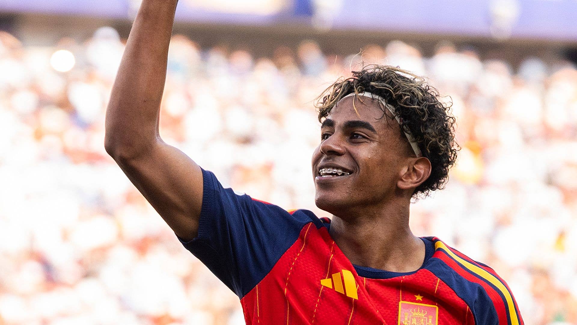 EAST RUTHERFORD, NEW JERSEY - JULY 19: Lamine Yamal #19 celebrates after his team mate Ferran Torres #7 scored the team's first goal during the FIFA World Cup 2026 Final match between Spain and Argentina at New York New Jersey Stadium on July 19, 2026 in East Rutherford, New Jersey. (Photo by David Ramos/Getty Images)