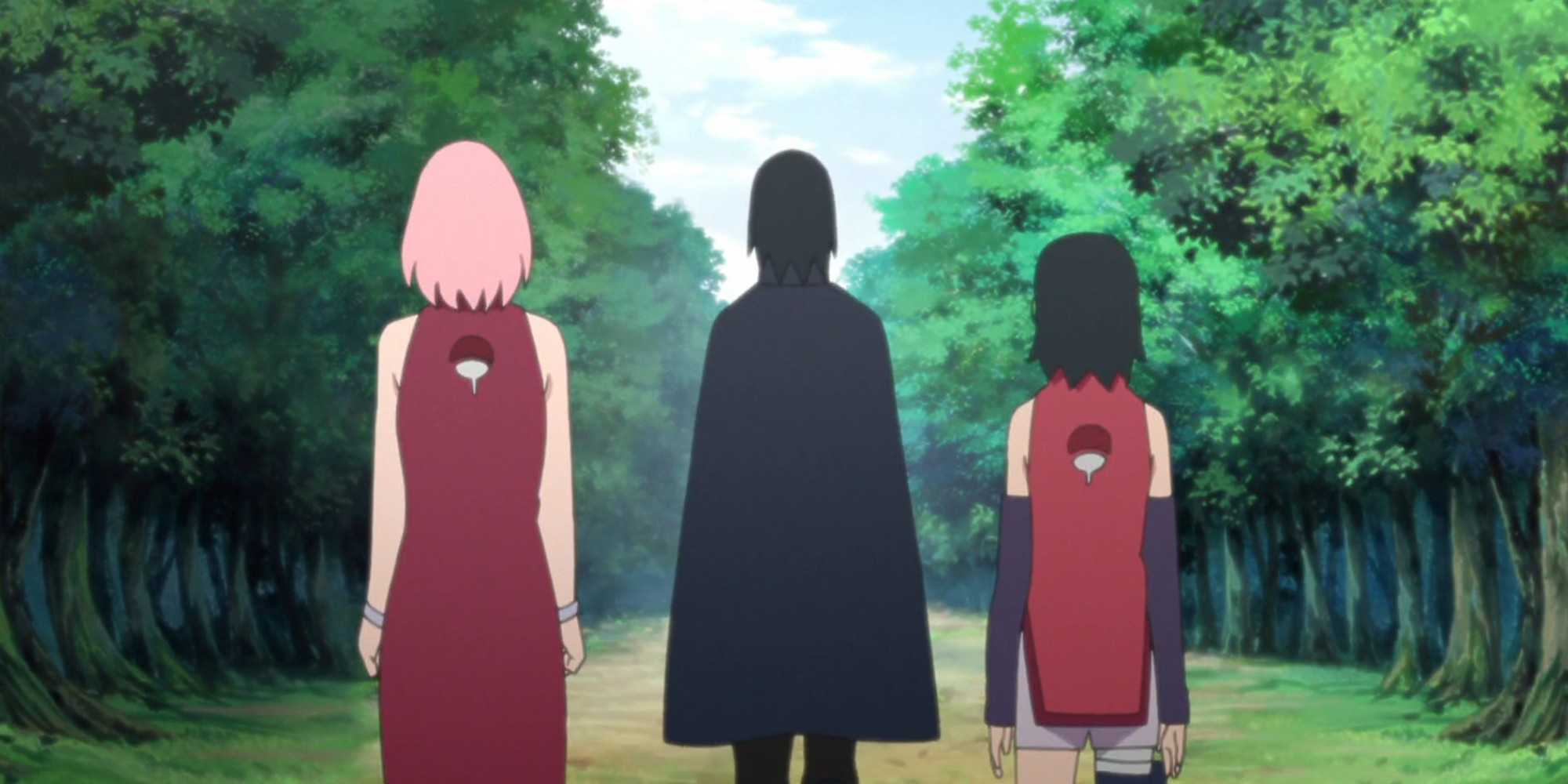 Sasuke, Sakura, and Sarada are standing together with their backs facing the screen in Boruto.