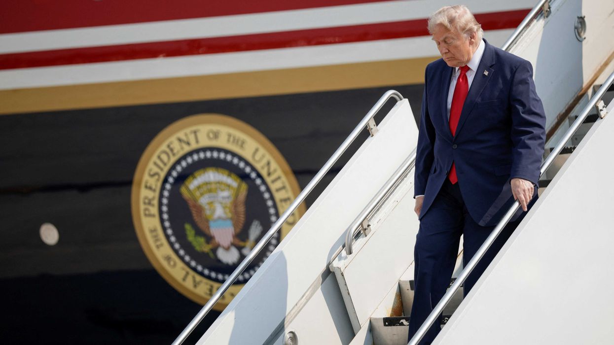 U.S. President Donald Trump disembarks the new Air Force One, a plane gifted by the Qatari government, as he arrives at Bismarck Municipal Airport in Bismarck, North Dakota, U.S., July 1, 2026. REUTERS/Evan Vucci