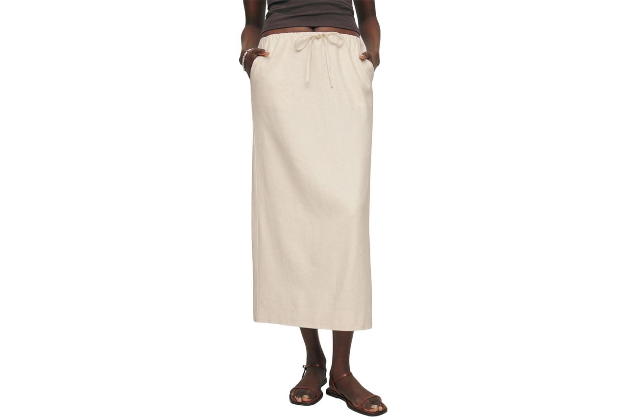 Idealsanxun Womens Linen Skirts Trendy Elastic Waist Drawstring Long Skirts With Slit