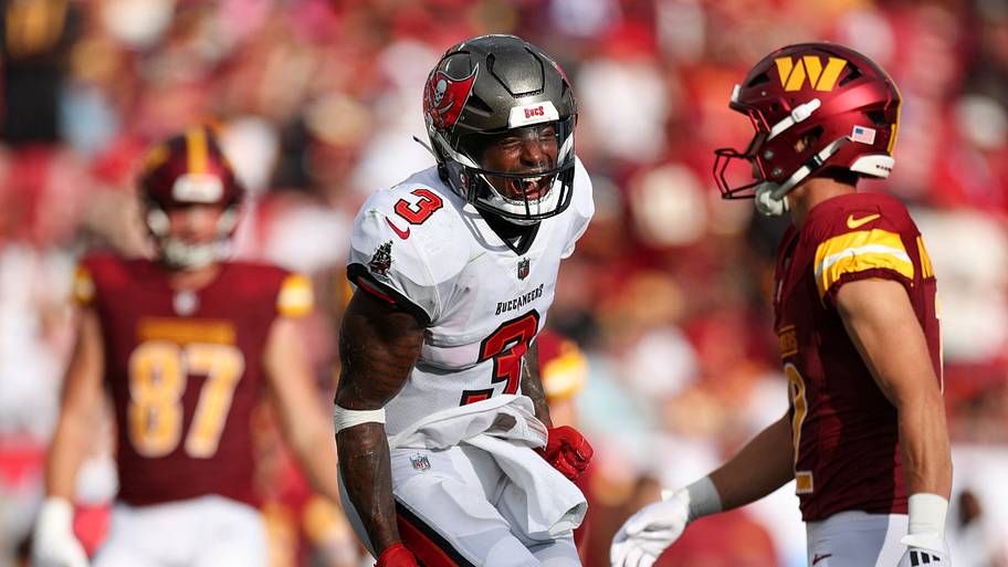 Sep 8, 2024; Tampa, Florida, USA; Tampa Bay Buccaneers safety Jordan Whitehead (3) reacts after a play against the Washington
