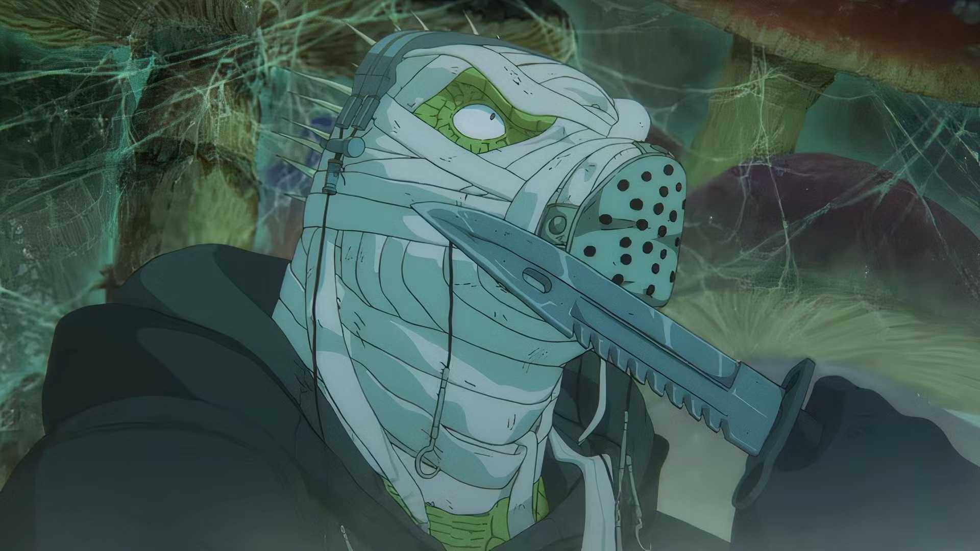 Caiman holds a knife with his face in bandages in Dorohedoro
