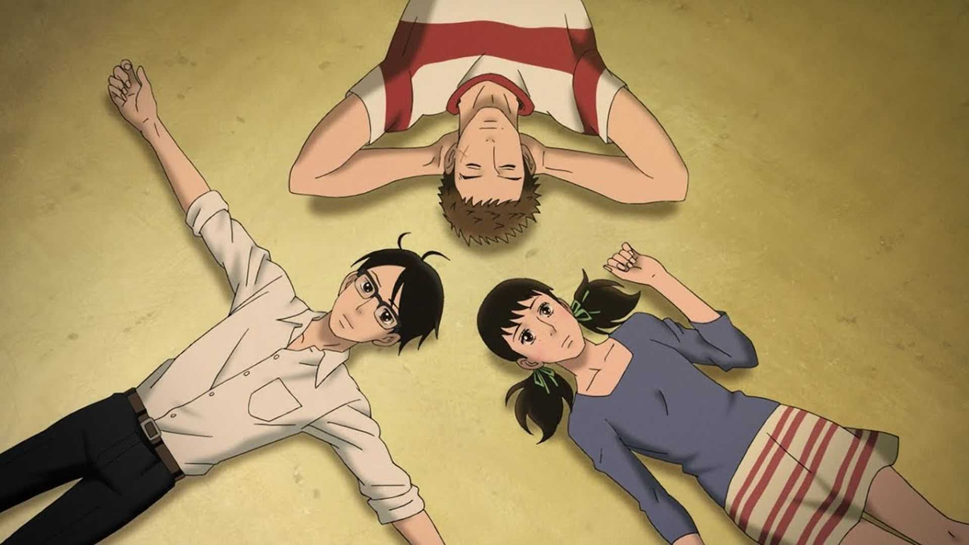 Sentaro, Kaoru, and Ritsuko lay on the floor in Kids on the Slope