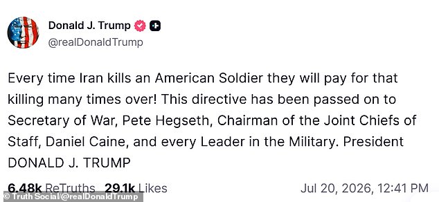 Trump announced his new 'directive' for payback against Iran in a post on his Truth Social page on Monday