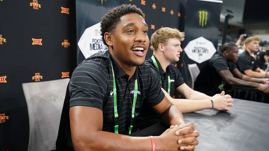 Iowa State quarterback Jaylen Raynor speaks with reporters during Big 12 Conference Football Media