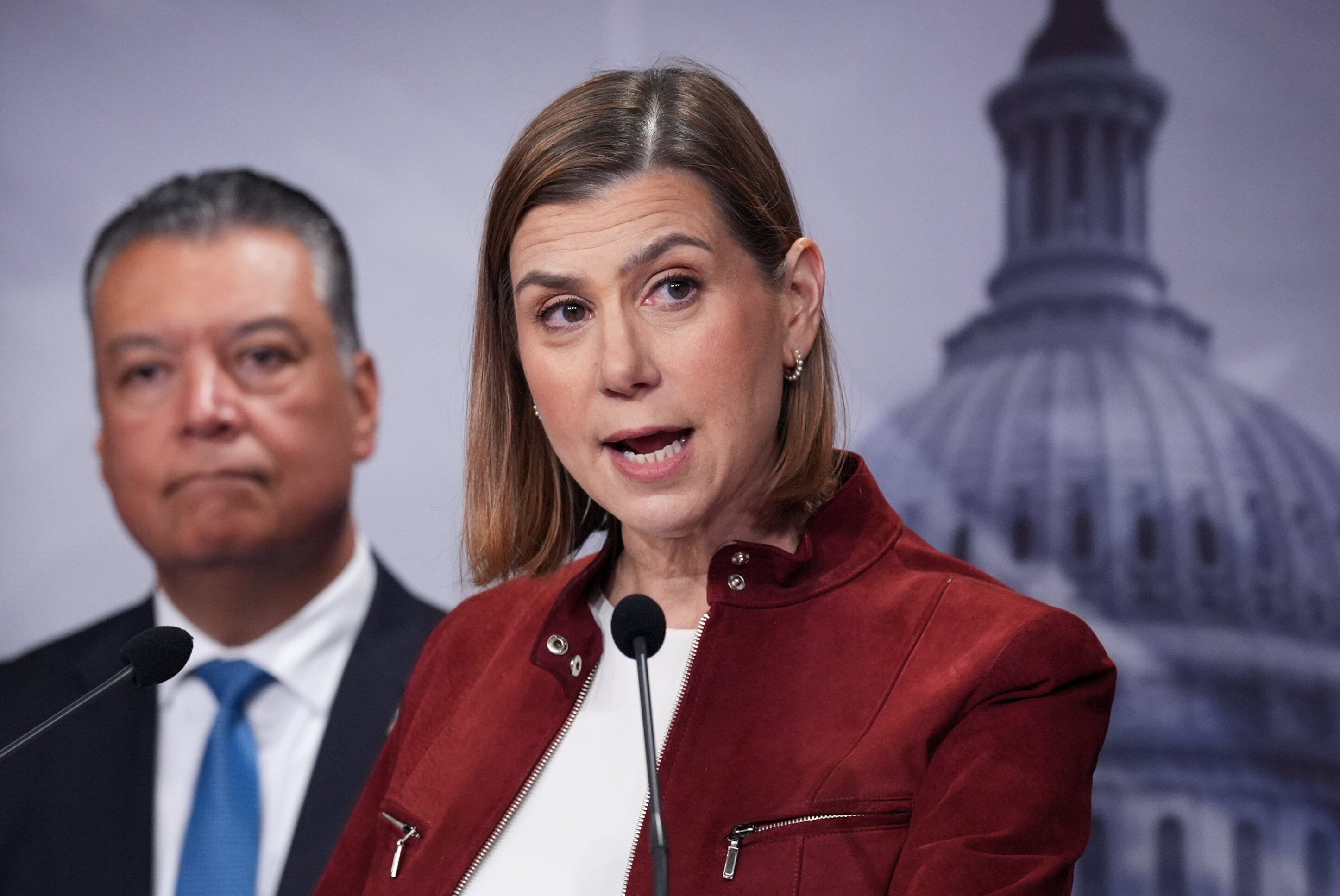 Sen. Elissa Slotkin, D-Mich., right, joined by Sen. Alex Padilla, D-Calif., discusses the Protect our Polls Act at the Capitol in Washington, Thursday, June 18, 2026. (AP Photo/J. Scott Applewhite) (Photo: via Associated Press)