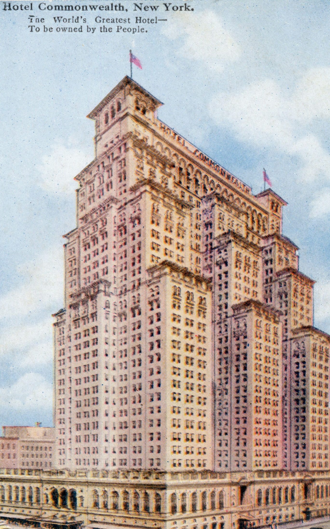 A colour illustration of what could have been Hotel Commonwealth, which would have occupied a whole block at Broadway, 55th Street, 56th Street and 7th Avenue in New York