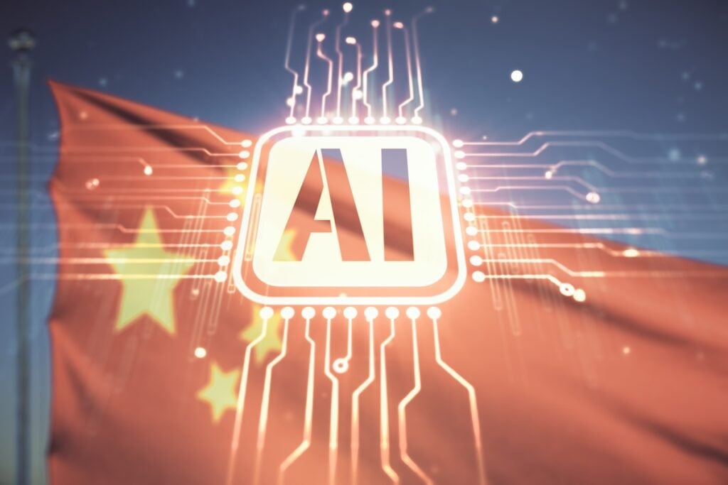 Creative artificial Intelligence symbol hologram on Chinese flag and blue sky background. Double exposure