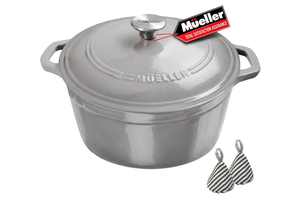 Mueller 6 Quart Enameled Cast Iron Pot Dutch Oven, Heavy-Duty Oven-Safe up to 500° F, & Across All Cooktops, Casserole Dishes for Ovens, Bread Pan with Lid and Knob, Cast Iron Cookware, Grey