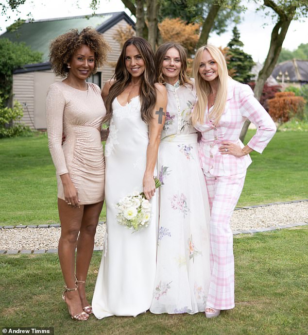 The star has always championed girl power, and proved that bond is stronger than ever when she posed alongside three of her beloved Spice Girls in a wedding portrait published by Vogue (Mel B, Melanie C, Geri and Emma pictured L-R)