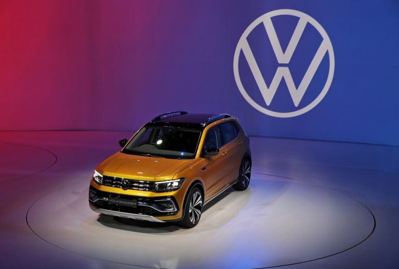 Volkswagen Taigun compact SUV car is on display after it was unvield at an event in New Delhi