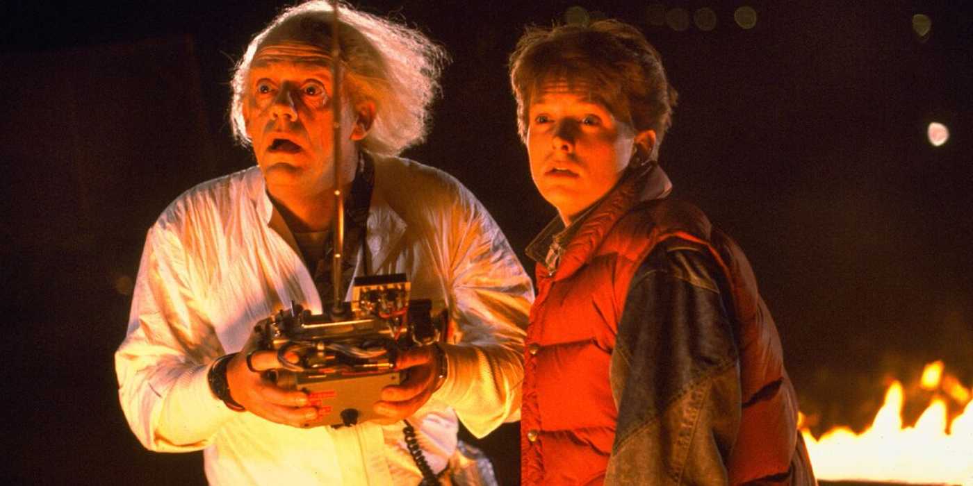 Doc Brown (Christopher Lloyd) and Marty McFly (Michael J. Fox) are amazed that the DeLorean works in Back to the Future