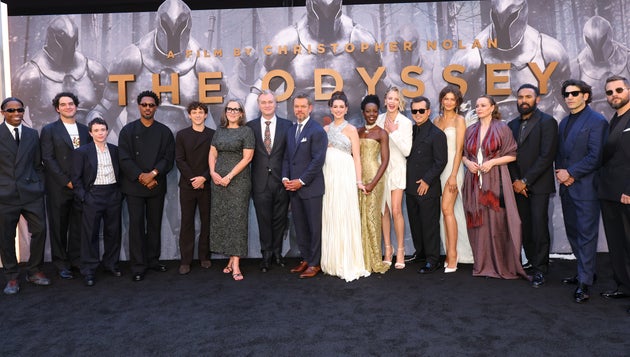 The diverse cast of “The Odyssey” has triggered some on the right. (L-R) Travis Scott, Benny Safdie, Elliot Page, Corey Hawkins, Tom Holland, Emma Thomas, Christopher Nolan, Matt Damon, Anne Hathaway, Lupita Nyong'o, Charlize Theron, John Leguizamo, Zendaya, Samantha Morton, Himesh Patel, Jon Bernthal, and Logan Marshall-Green at the film’s July 14 2026 premiere in New York.
