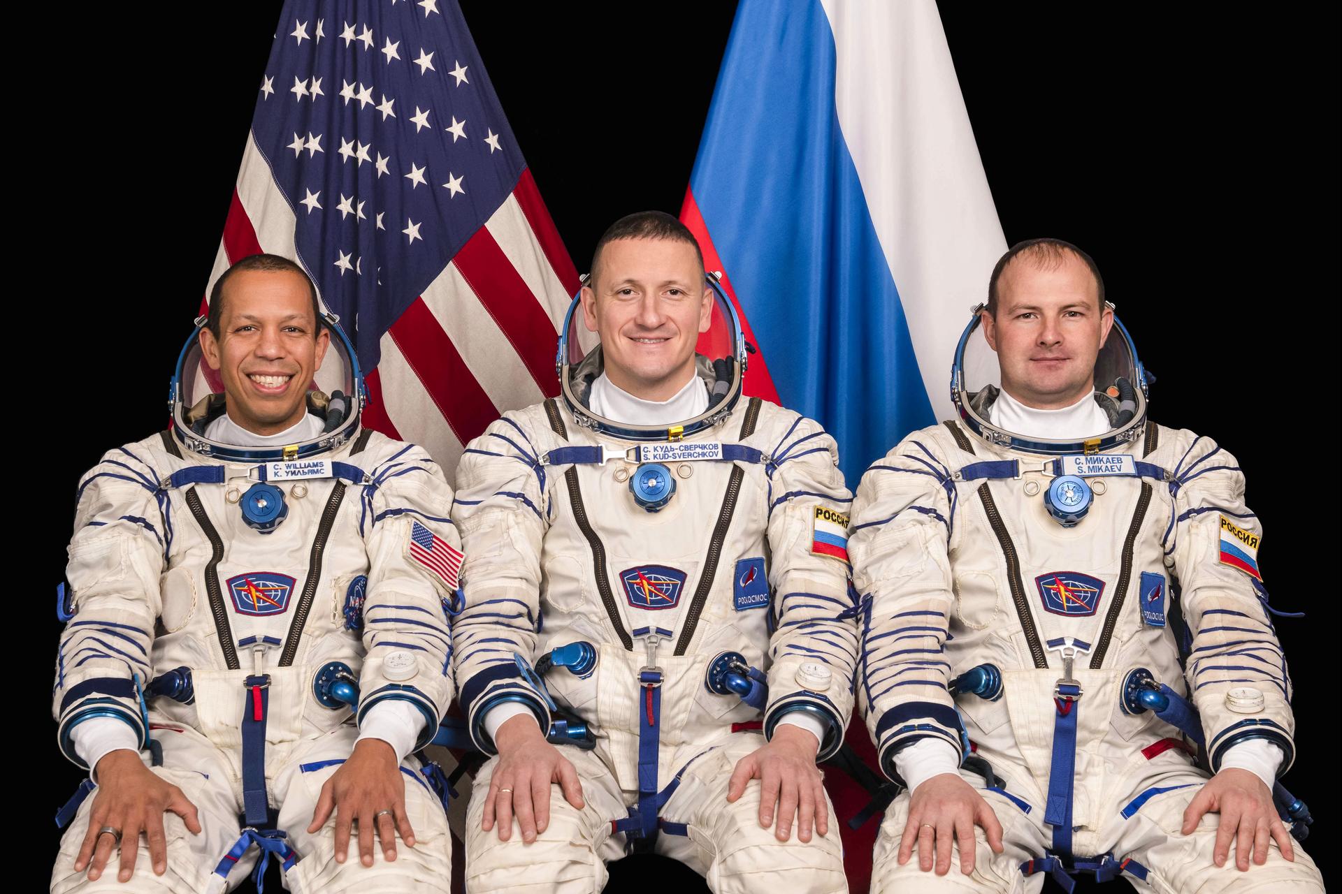 NASA astronaut Chris Williams and Roscosmos cosmonauts Sergey Kud-Sverchkov and Sergey Mikaev (left to right) at the Gagarin Cosmonaut Training Center in Russia.