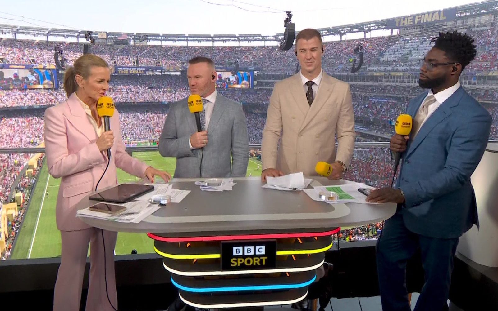 Gabby Logan, Wayne Rooney, Joe Hart and Micah Richards broadcast live from the BBC studio at the MetLife stadium