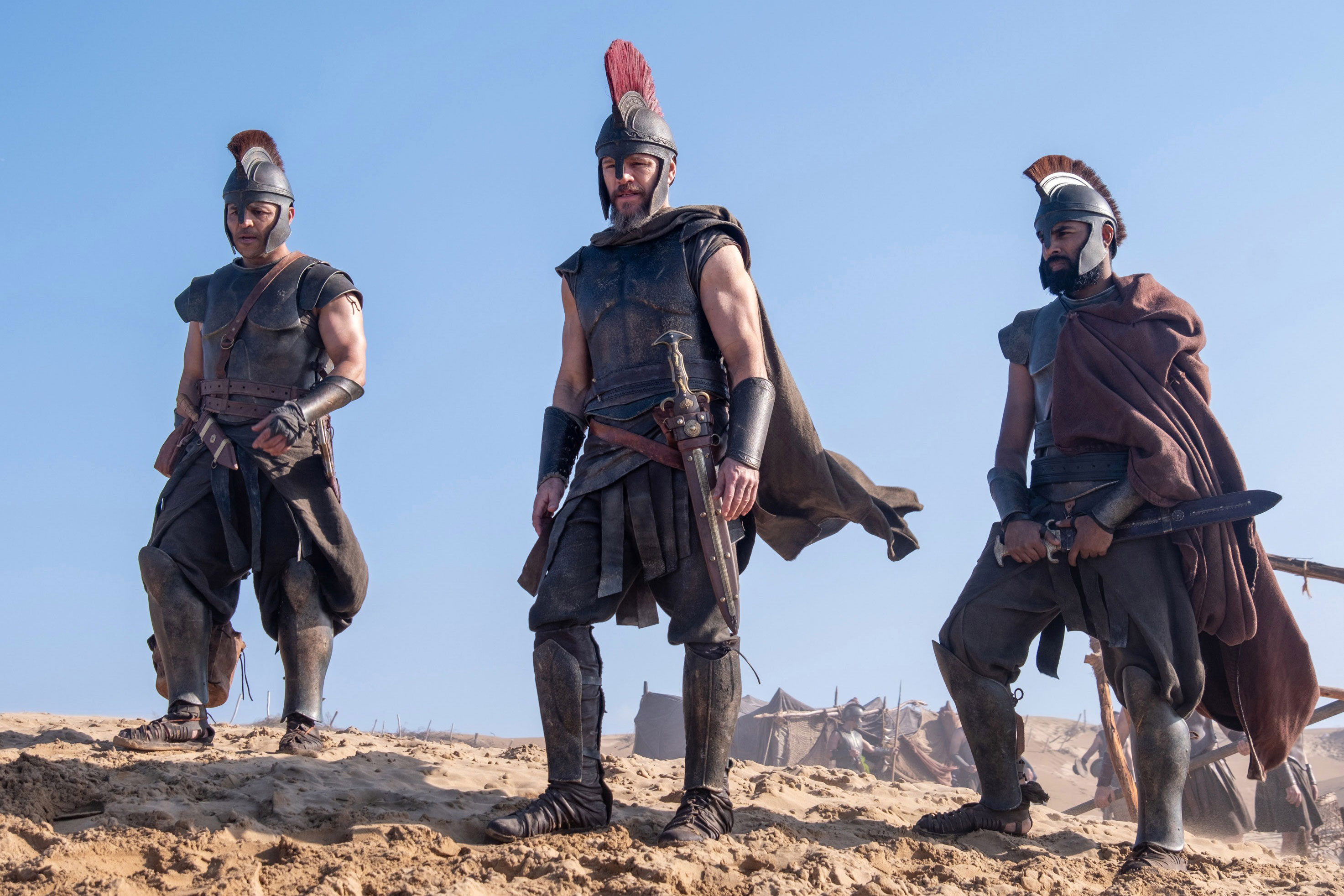 Jimmy Gonzales, Matt Damon and Himesh Patel in The Odyssey.