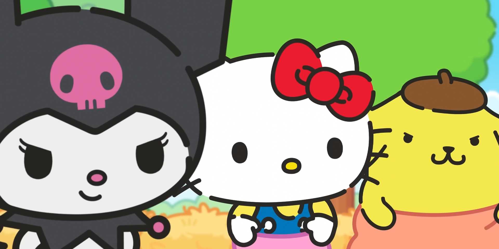 Hello Kitty, Kuromi, and Pompompurin in Hello Kitty and Supercute Adventures.