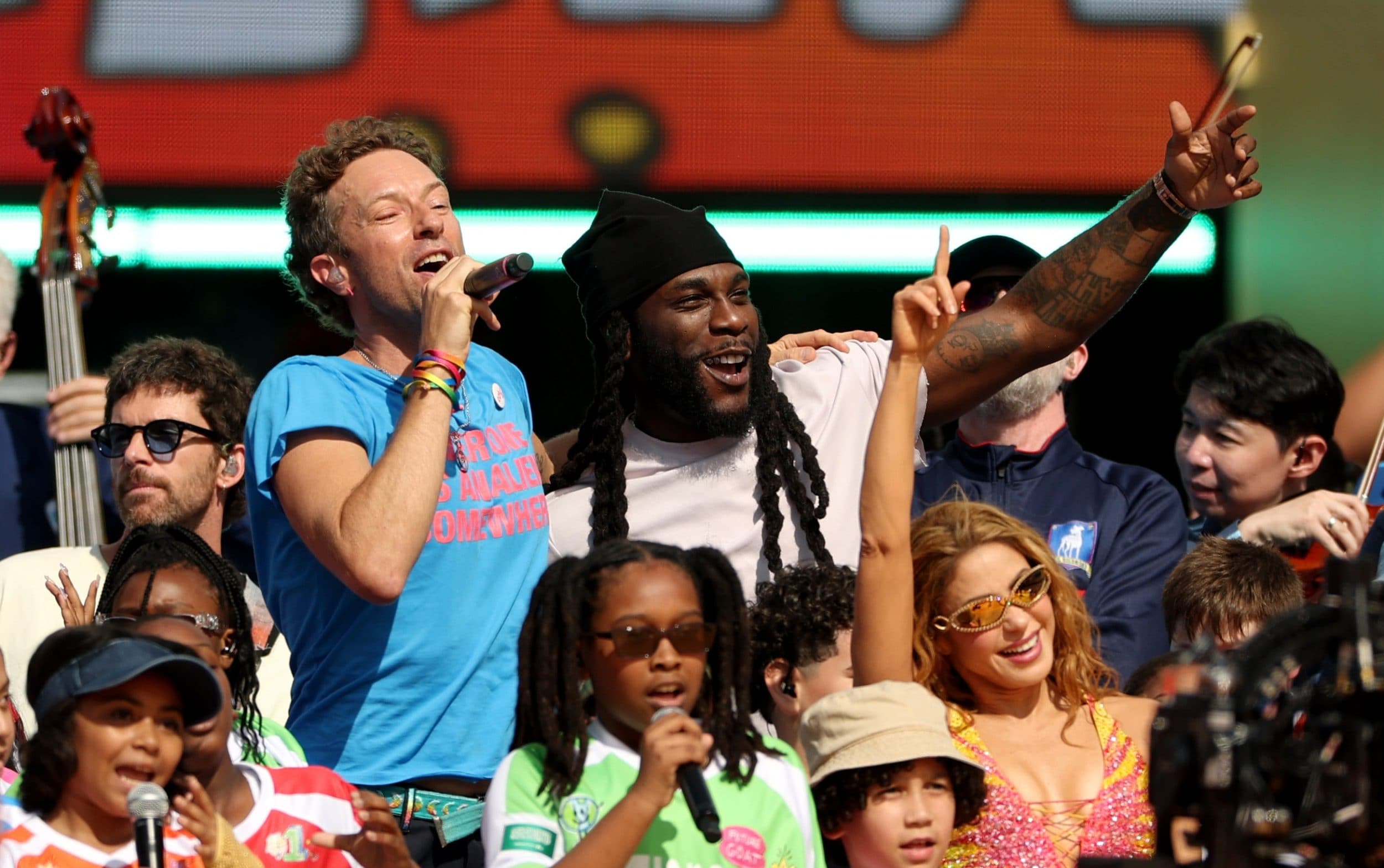 Chris Martin performs during the World Cup final half-time show