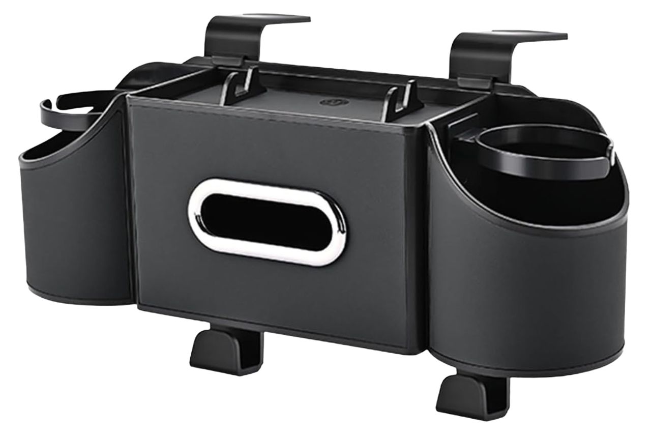 Back Seat Car Organizer,4 in 1 Multifunctional Car Back Seat Storage Box with Drink Cup Holder Tissue Box, for Hold Phone,Snacks, Drinks, Handbag-Black