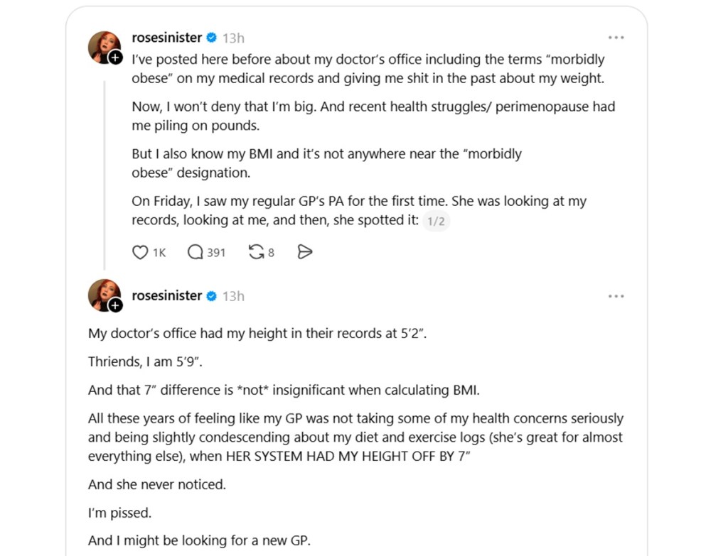 A screenshot of a Threads post by @rosesinister who has a shocking realization, years after feeling like her doctor wasn't take her