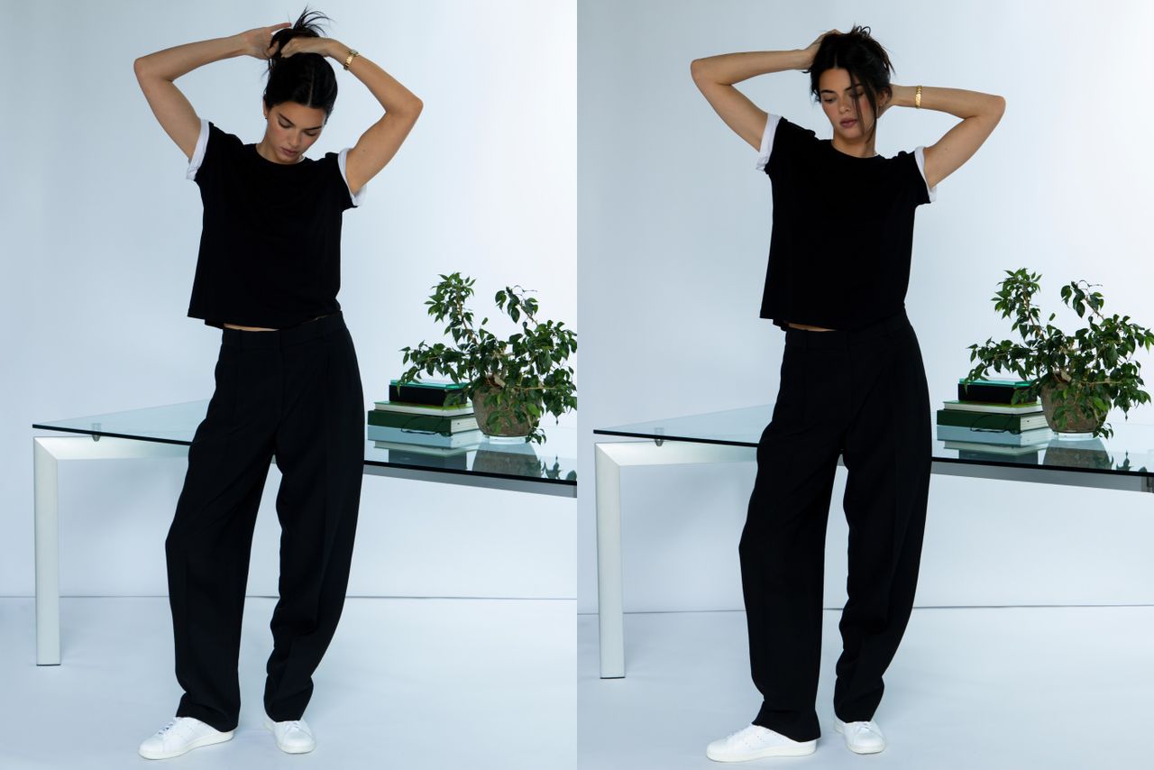 Kendall Jenner posing in two images wearing casual clothing