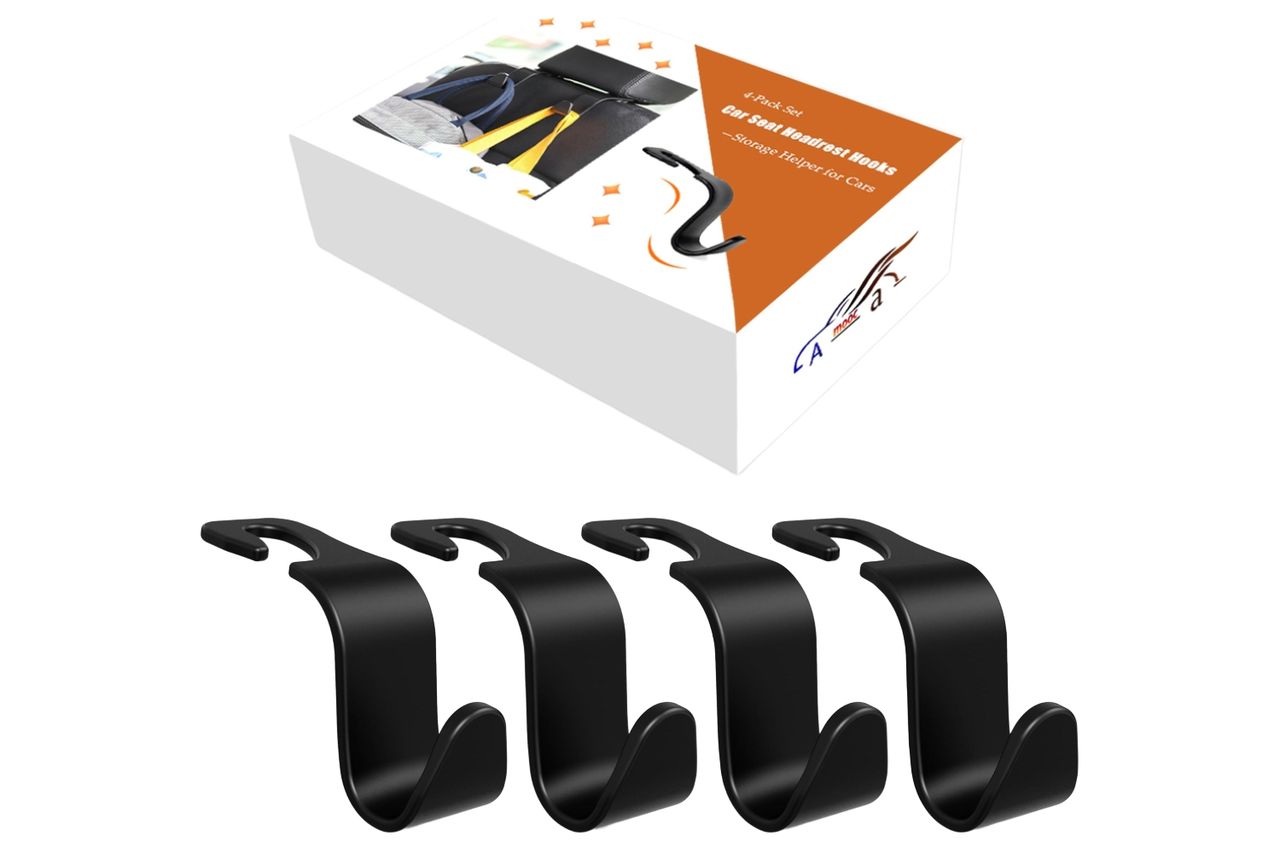 Amooca 4-Pack Car Headrest Hooks Vehicle Storage Organizer for Purses Handbags Groceries Backpack Coats –Holds 55lbs 360° Rotating Black