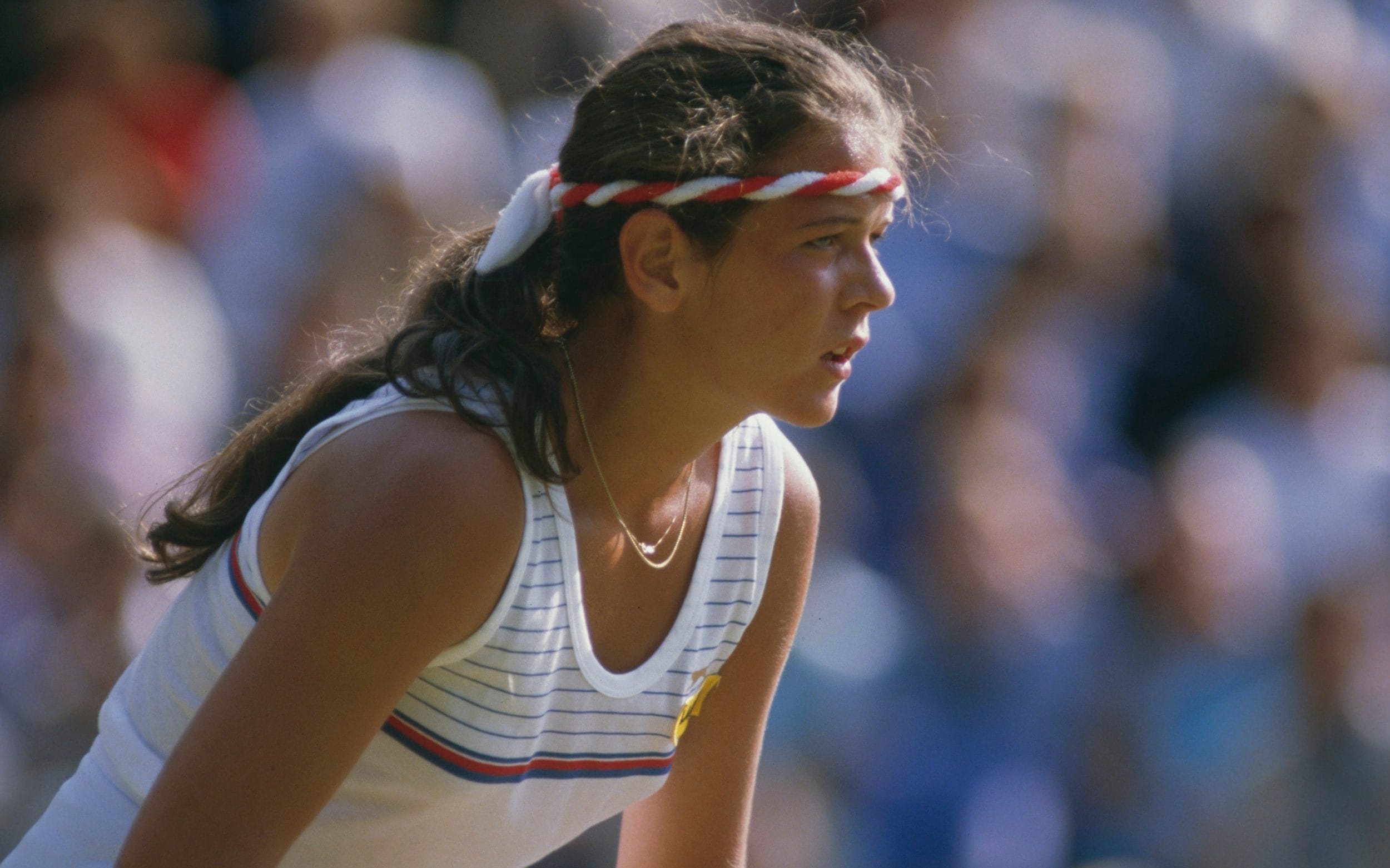 Annabel Croft pictured in action during competition to reach the third round of the Women's Singles tournament at the Wimbledon, 1984
