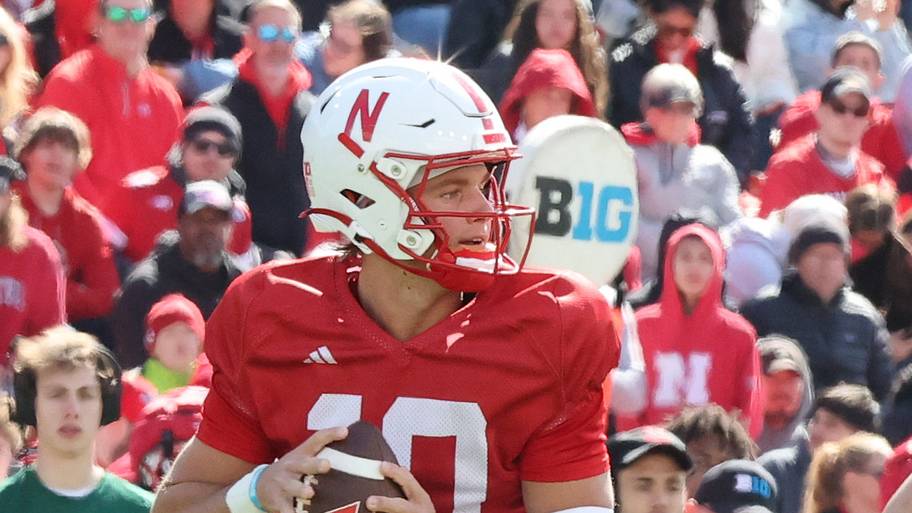 Nebraska quarterback Anthony Colandrea looks for a receiver in the Red-White Spring Game.