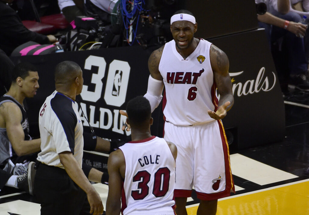 Jun 10, 2014; Miami, FL, USA; Miami Heat forward LeBron James (6) reacts to a call during the second half of game three against the San Antonio Spurs of the 2014 NBA Finals at American Airlines Arena. Mandatory Credit: Bob Donnan-USA TODAY Sports