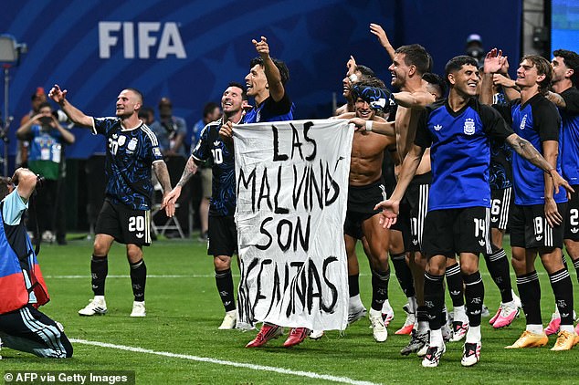 Argentina held a banner reading 'The Malvinas are Argentine,' using the country's term for the South Atlantic islands, after they beat England in the World Cup semi-final