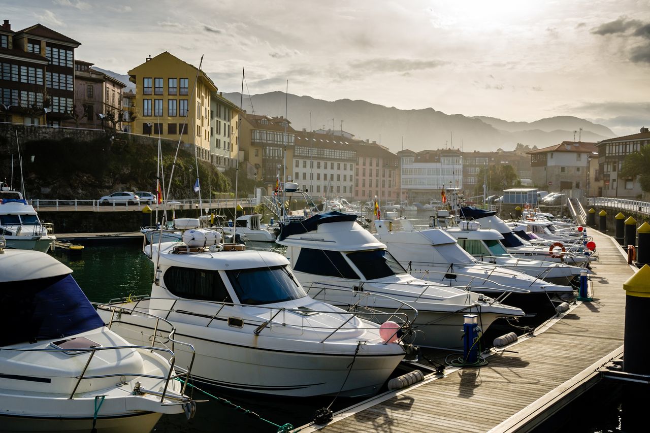 Docked boats with a town and mountains in the background